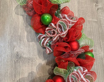 Christmas garland, whimsical Red lime green and white mantle decor, front door garland, staircase garland, table runner centerpiece