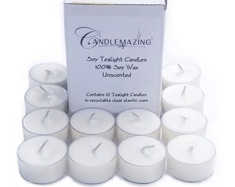 Soy Tealight Candles - 12 Unscented Tealights, Hand Poured, Eco Friendly, Biodegradable Soy Wax, Clear Recyclable Cups