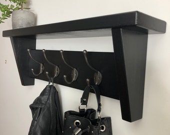 Black Coat Rack Shelf - Wooden Shelf Strong, Solid  Cast Iron Hooks- Entryway/Hallway/Kitchen