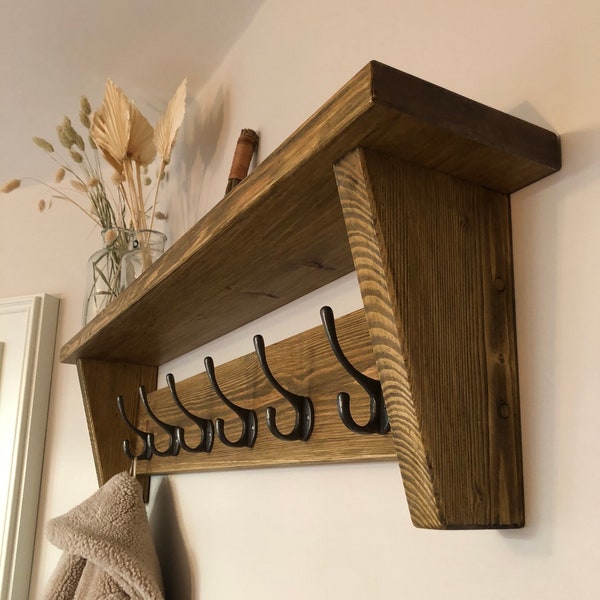 Chunky, Rustic Coat Rack Shelf - Wooden Shelf Strong Cast Iron Hooks- Entryway/Hallway/Kitchen