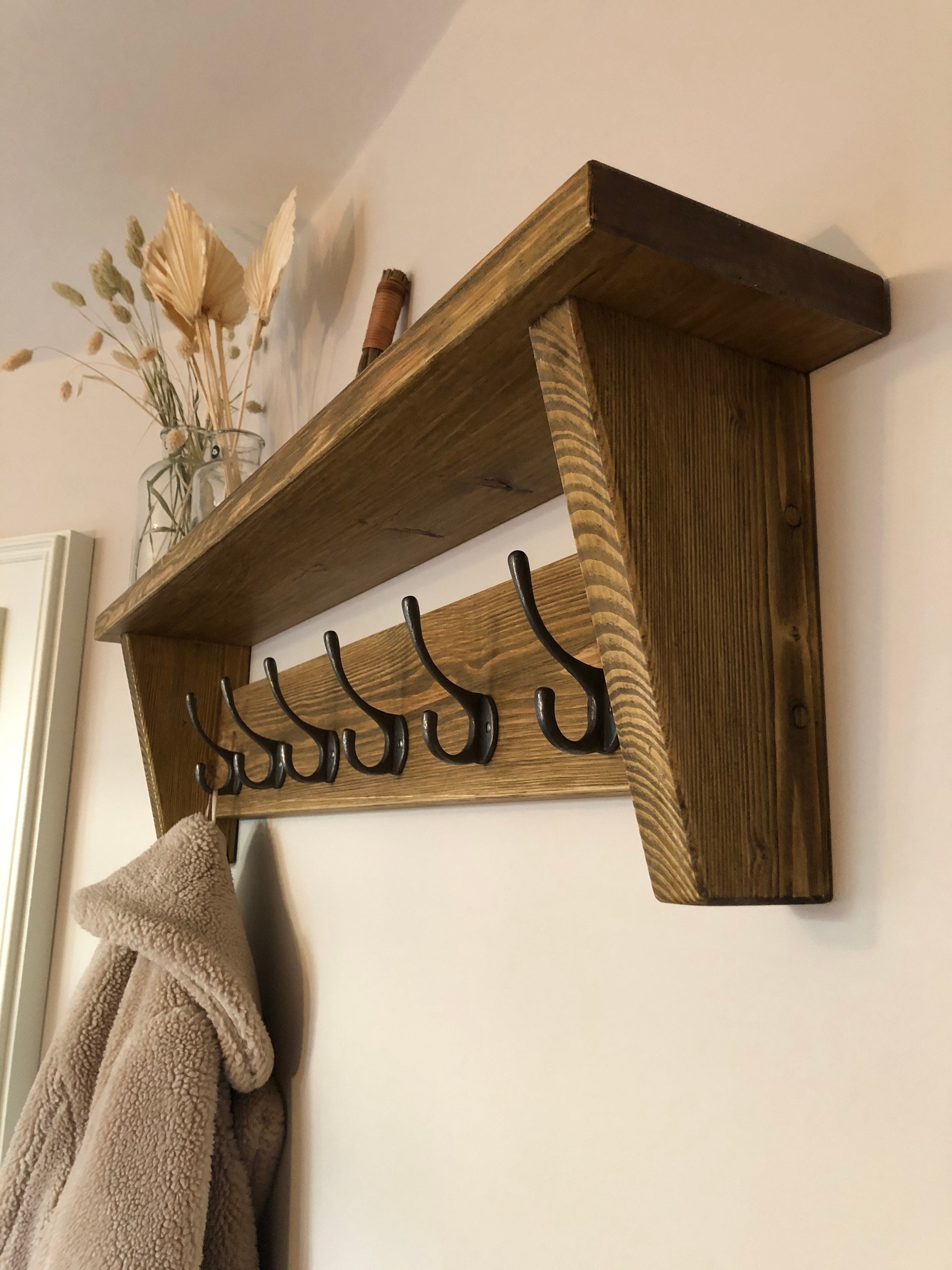 Chunky, Rustic Coat Rack Shelf Wooden Shelf Strong Cast Iron Hooks  Entryway/hallway/kitchen 