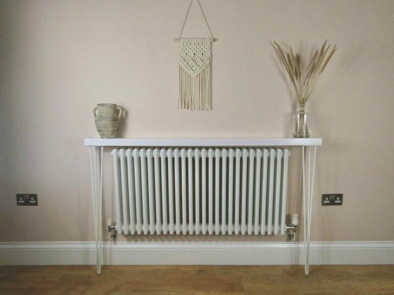 CONSOLE TABLE / Radiator Shelf with White Hand Painted High Gloss Top and Hairpin Legs - Excellent Quality - Free UK Delivery 