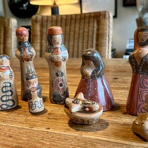 Vintage Mexican Folk Art Handmade Clay Nativity in Burnished Tonala Colors, 9 Pieces