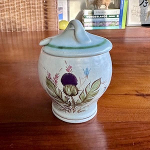 May include: A ceramic jar with a lid, featuring a hand-painted thistle design in purple, green, and brown. The jar has a light blue lid with a green stripe and a handle. The jar sits on a wooden surface.