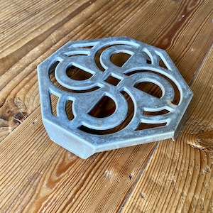 Vintage French Cast Iron Trivet, Grey Enamel Plant Stand or Trivet