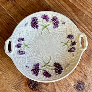 Antique German Majolica 10” Plate with Basketweave Pattern and Flowers