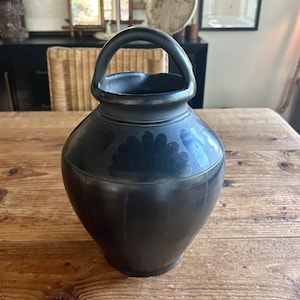 Vintage Etched Black Pottery Jug: Hungarian Folk Art Pitcher