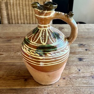 European Pottery Pitcher with Handle, Vintage Hand Painted Water Jug