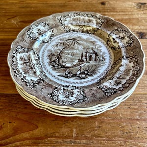 Antique Brown and White Transferware Ironstone 9” Plates, William Ridgway 1830-1834 "Oriental", Set of 4