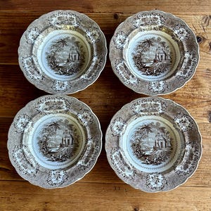 Antique Brown and White Transferware Ironstone Soup Bowls, William Ridgway 1830-1834 &quot;Oriental&quot;, Set of 4