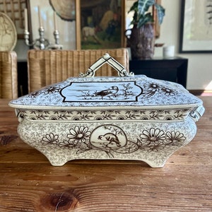 Antique Ridgeway Devonishire Brown Transferware Tureen: Bird Motif