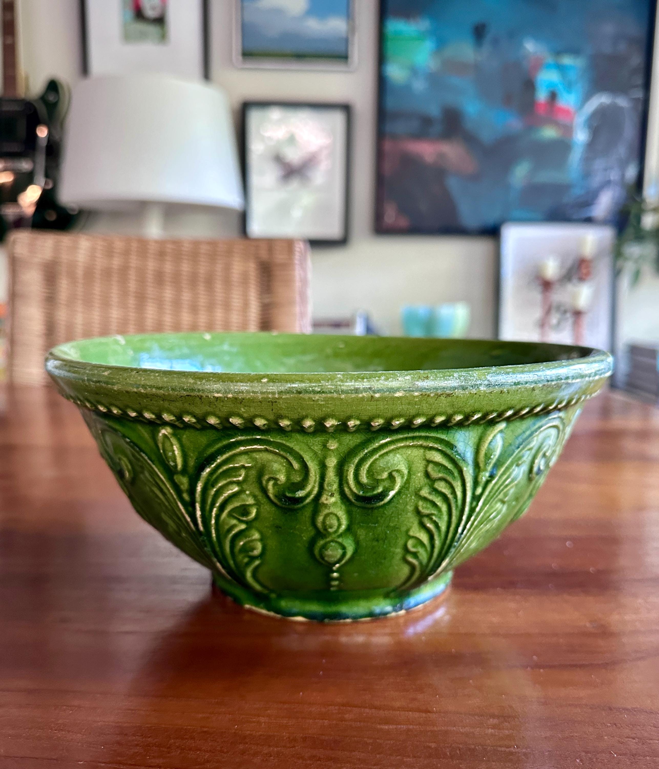 Antique Green Pottery Mixing Bowl - Etsy