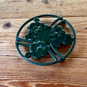 Vintage French Cast Iron Trivet: Green Enamel Grape Motif