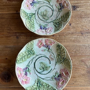 French Antique Barbotine Majolica Floral Plate 8.5&quot;, Set of 2