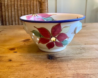 Vintage Hand Made Pottery Poinsettia Flower Bowl, 7”Diameter  Christmas Colander Bowl