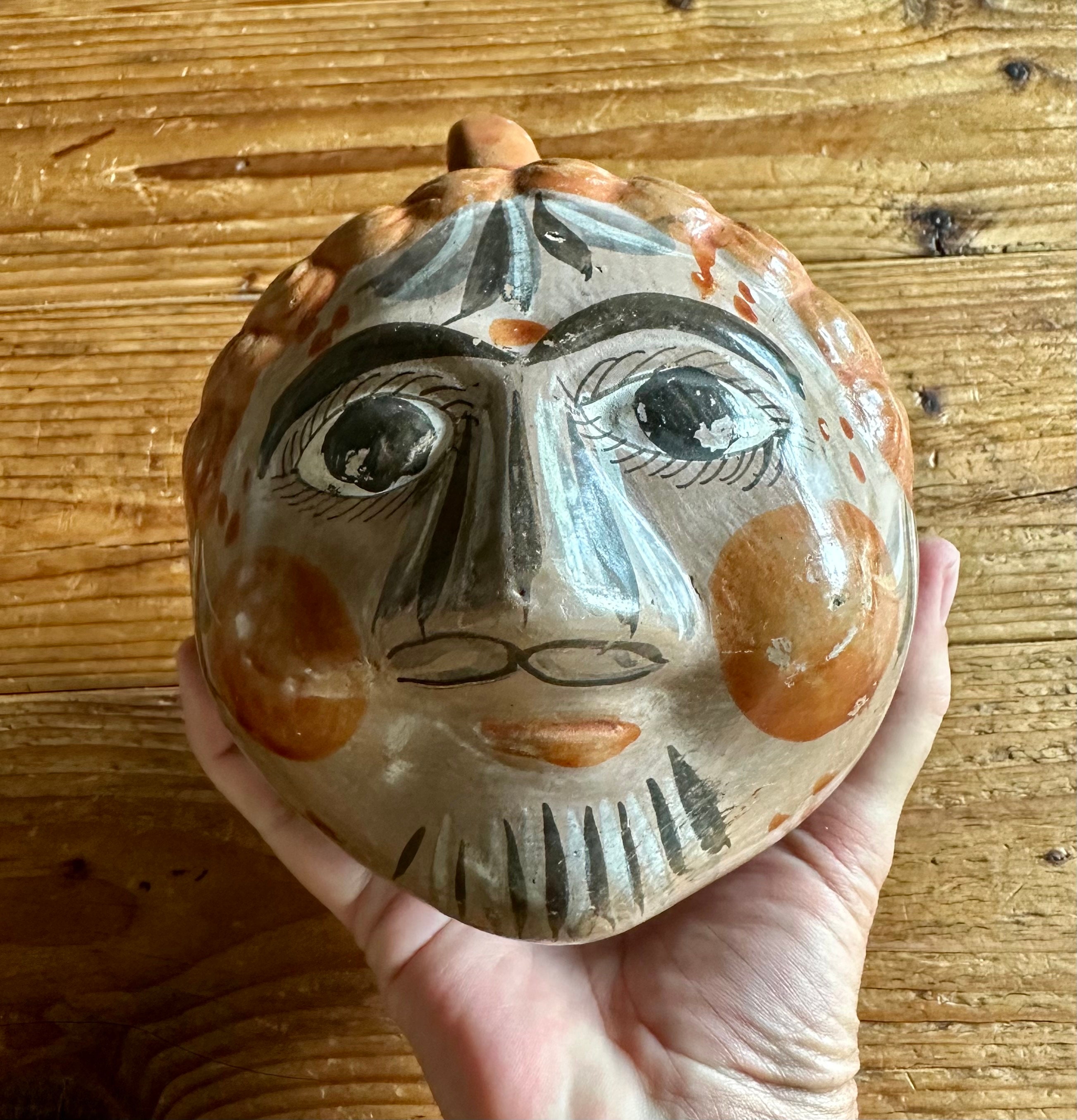Vintage Tonala Pottery Face Piggy Bank: Mexican Folk Art Coin Bank