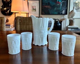 Kemple Lace and Dewdrop Milk Glass Pitcher and 4 Tumblers