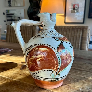 Hungarian Folkart Jug with Handle, Vintage Hand Painted Water Jug