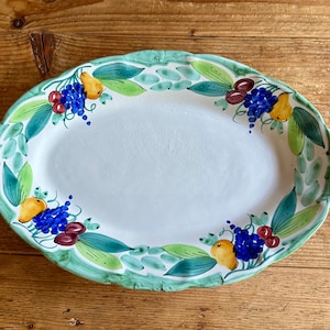 Vietri Solimene Italy Oval Plate with Floral and Fruit Motif, Ceramic Handpainted 16” Oval Platter