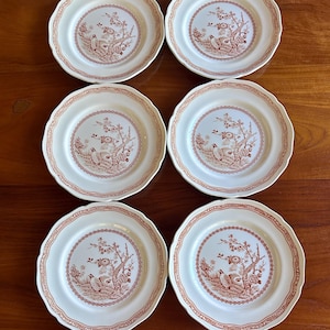 May include: A set of six round ceramic plates featuring a scalloped edge and a decorative border in a reddish-brown tone. The center of each plate displays a detailed illustration of a bird perched near a flowering tree in the same brown color.