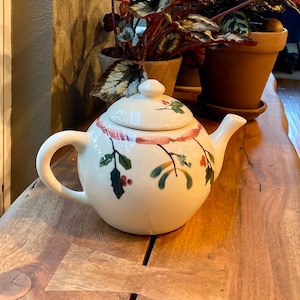 Vintage Hartstone Ceramic Teapot, Christmas Holly Hand Painted Design