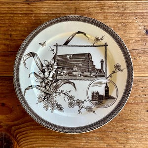 Antique Aesthetic Movement Transferware Plate, Crystal Palace and Big Ben, English Ironstone Plate 8”