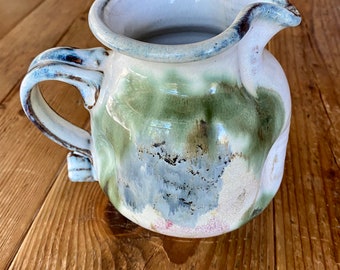Vintage Pottery Pitcher with Handle, Abstract Flor Pottery Hand Thrown Pitcher