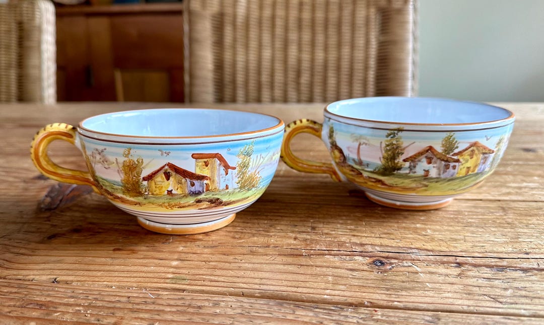 Deruta Italy Cappuccino Mugs, Hand Painted of Italys Countryside, Set ...
