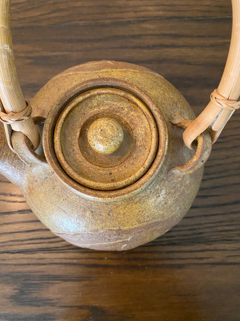 Vintage Pottery Teapot with Bamboo Handle Asian Style Pottery Etsy