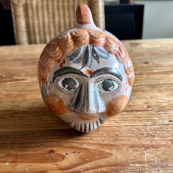 Vintage Mexican Tonala Pottery Folk Art Handpainted Piggy Bank, Tonala Face Coin Bank