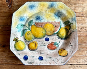 Majolica Santa Rosa Ceramic Plate Guanajuato Mexico, Square Plate with Hand Painted Fruit