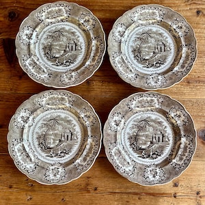 Antique Brown and White Transferware Ironstone 9” Plates, William Ridgway 1830-1834 "Oriental", Set of 4