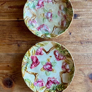 French Antique Barbotine Majolica Plate 8.5” Featuring a Cherry Branch, Set of 2