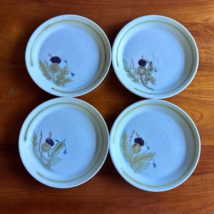 May include: A set of four round ceramic plates with a light blue glaze and a hand-painted thistle motif in shades of purple, green, and brown. Each plate features a subtle, curved tan line along the rim, providing a consistent design across the set.