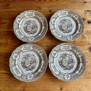 Antique Brown and White Transferware Ironstone 9” Plates, William Ridgway 1830-1834 "Oriental", Set of 4