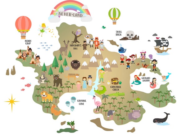 Peter Pan Neverland Map Nursery World Map Neverland Map Decal Peter Pan Map Decal | Etsy