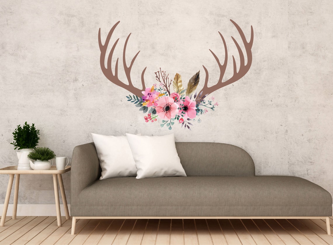 Boho wall Decal pink floral Wall Decal boho Antlers Wall Etsy