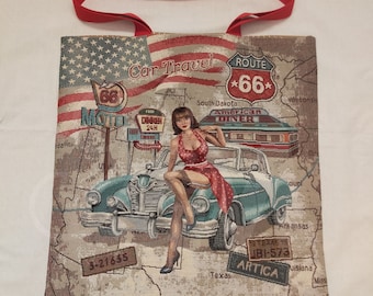 Sacs cabas tote bag vintage USA American Diner  pin up car travel Basket Rock n Roll