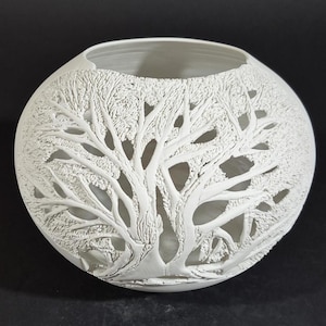 CARVED PORCELAIN BOWL. 2-25-25 20. Wheel thrown Aneto porcelain. Hand carved. High fired. Signed. Dated. One of a kind. Wild Oak Carving.
