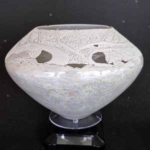 CARVED PORCELAIN BOWL. Wheel thrown. Hand carved. High fired. Lusterware. Signed. Dated. One of a kind. Spreading oak tree design. 8.5in dia