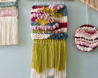 GRETCHEN: Small Woven Wall Hanging with Yellow-Green, Cream, Magenta, Blue Yarn, Purple Roving and Sparkly Ribbon Woven Wall and Home Decor