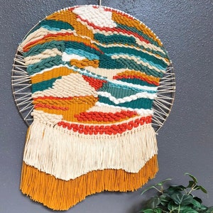 GILLY: Large 20” Circular Woven Wall Hanging with blue, orange, yellow, and cream. Home Decor, Bedroom Wall Decor,