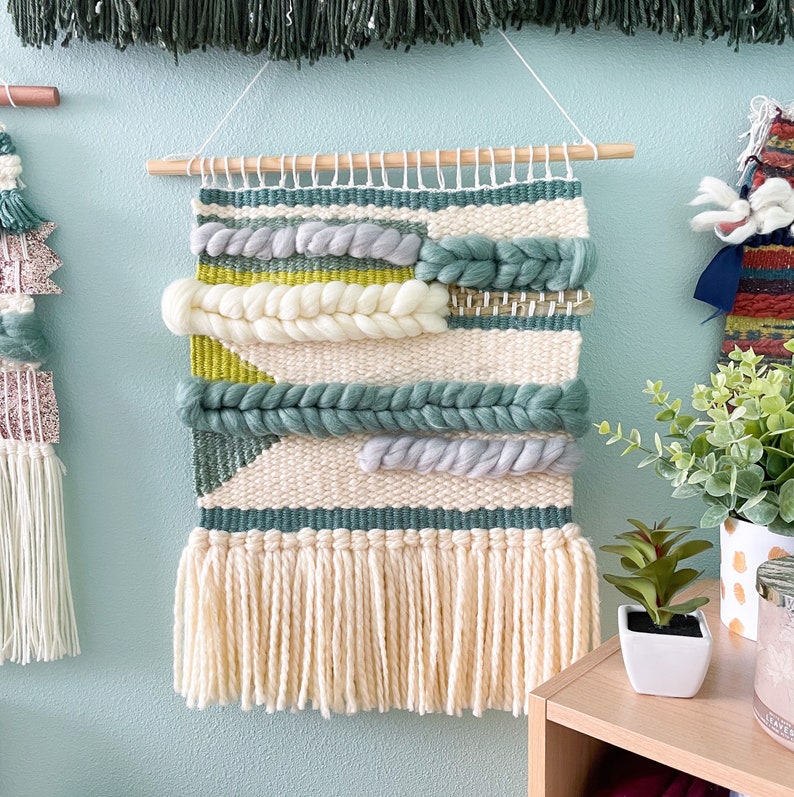 FOGGY: Medium woven wall hanging in various shades of green, blue and white grey roving. Made to Order Weaving image 1