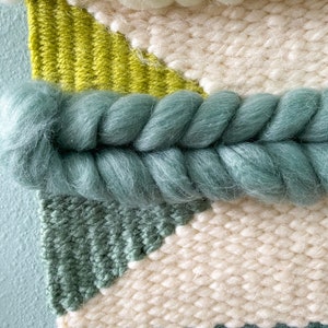 FOGGY: Medium woven wall hanging in various shades of green, blue and white grey roving. Made to Order Weaving image 3