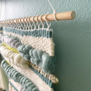 FOGGY: Medium woven wall hanging in various shades of green, blue and white grey roving. Made to Order Weaving image 6