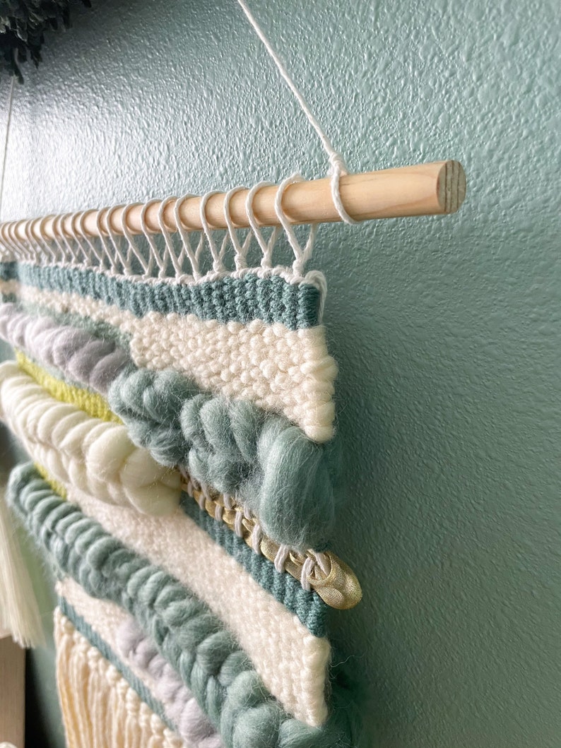 FOGGY: Medium woven wall hanging in various shades of green, blue and white grey roving. Made to Order Weaving image 6