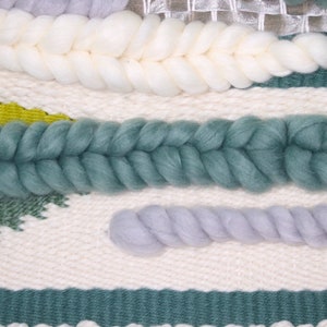 FOGGY: Medium woven wall hanging in various shades of green, blue and white grey roving. Made to Order Weaving image 5