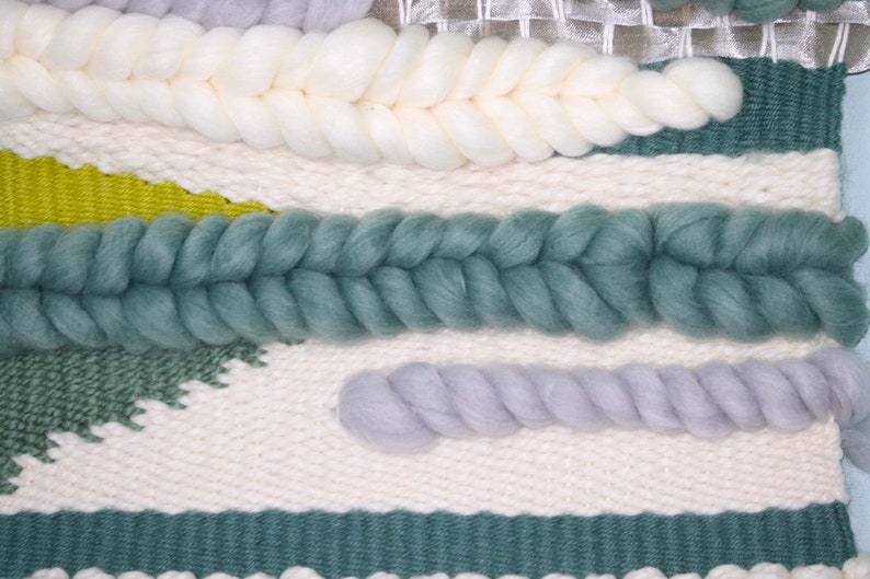 FOGGY: Medium woven wall hanging in various shades of green, blue and white grey roving. Made to Order Weaving image 5