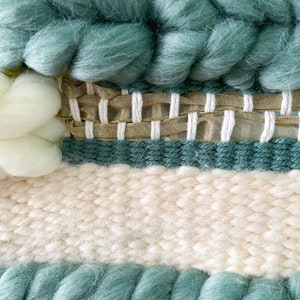 FOGGY: Medium woven wall hanging in various shades of green, blue and white grey roving. Made to Order Weaving image 2