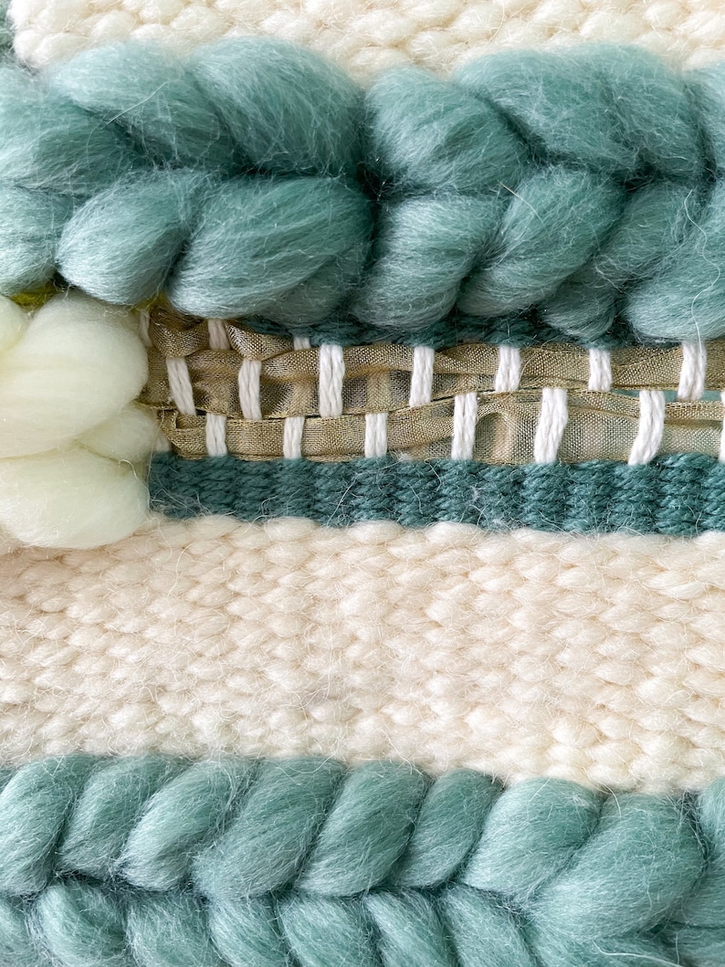 FOGGY: Medium woven wall hanging in various shades of green, blue and white grey roving. Made to Order Weaving image 2